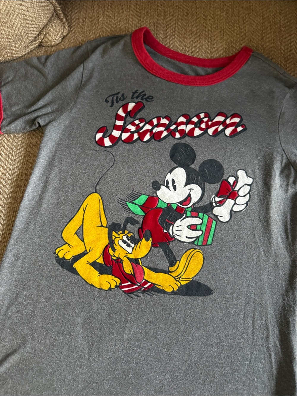 Disney Gray Tee with Red Trim and Multicolor Mickey & Pluto Graphic